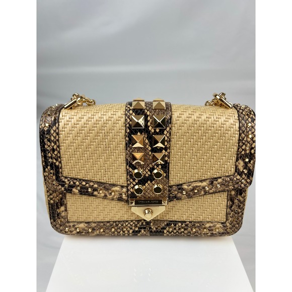 Michael Kors Straw Snakeskin Studded Crossbody Bag Designer Purse - Picture 1 of 9